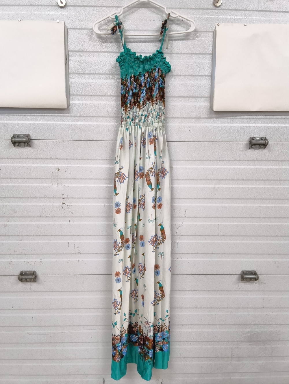 Boho Smocked Maxi Dress – Teal & Ivory Peacock Paisley Print - Picture 2 of 6